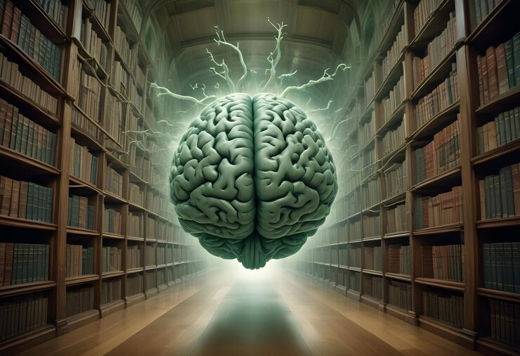 Vector una ilustración 3d de un cerebro humano flotando en un pasillo de la biblioteca con filas de estanterías que emanan una luz brillante y energía que simboliza el conocimiento y el aprendizaje