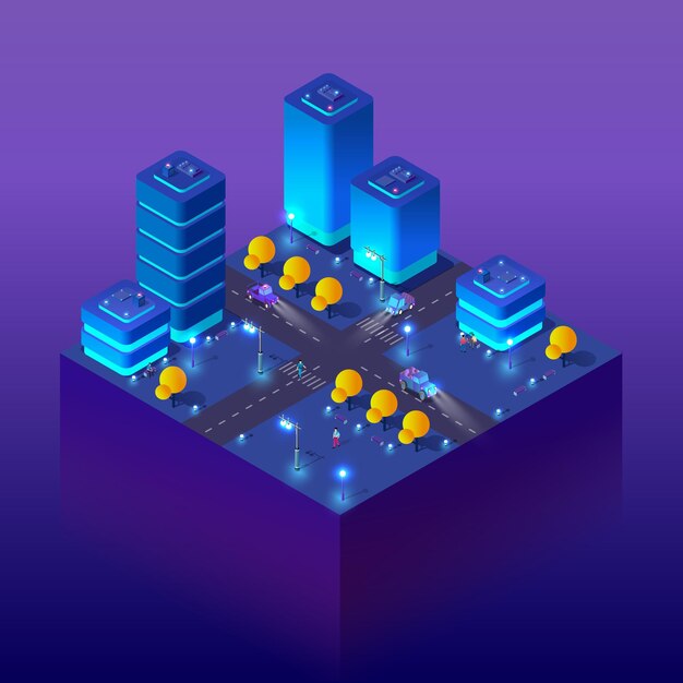 Ilustración 3D de ciudad isométrica inteligente nocturna para diseño
