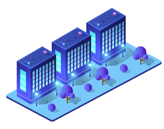 Ilustración 3D de ciudad ultravioleta azul inteligente isométrica nocturna