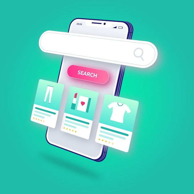 Ilustración 3d Comercio electrónico Compras en línea Buscar producto Aplicación móvil