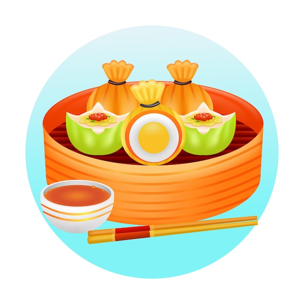 Ilustración 3d de comida china de comida dim sum llena de huevos en una cesta de vapor de bambú