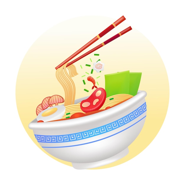 Ilustración 3d de comida japonesa de ramen en un tazón en blanco