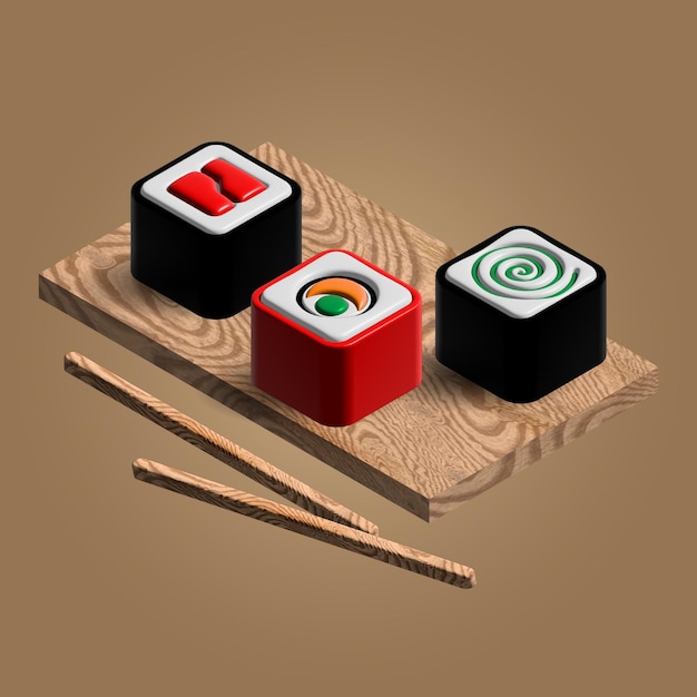 Vector ilustración 3d comida japonesa de sushi en una tabla de madera con palillos de madera prediseñadas de icono