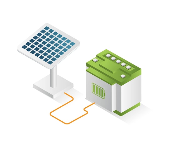 Ilustración 3D del concepto isométrico plano del canal de la batería de almacenamiento de energía eléctrica del panel solar