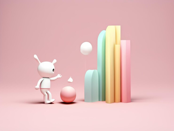 Vector ilustración 3d de un conejo rosa y blanco con un globo blanco sobre un fondo rosa