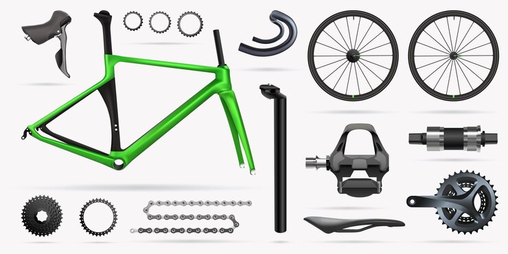 Vector ilustración 3d, conjunto de piezas de repuesto de componentes de bicicleta.