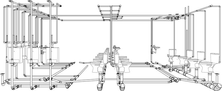 Vector ilustración 3d de la construcción de edificios y tuberías