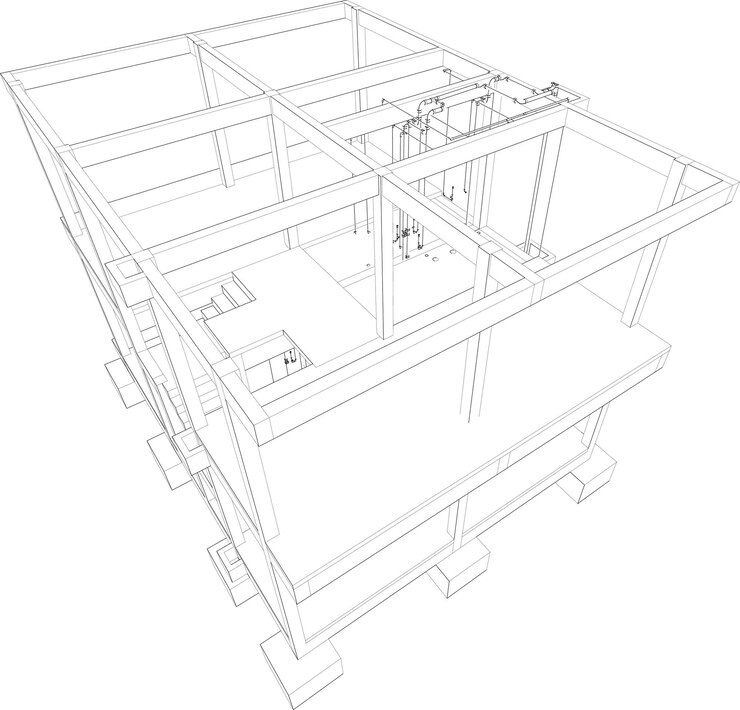 Vector ilustración 3d de la construcción de edificios y tuberías
