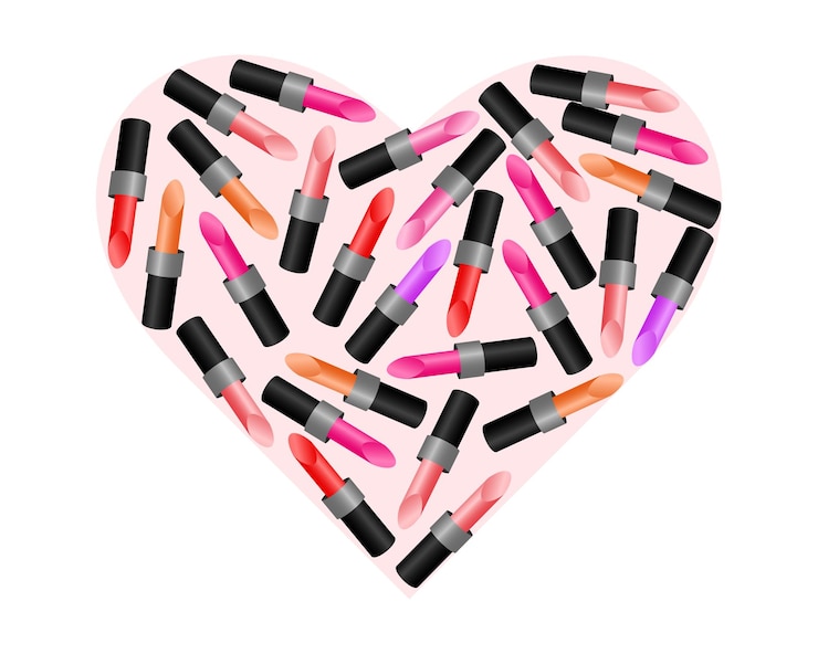 Vector ilustración 3d corazón hecho de coloridos lápices labiales en diferentes colores icono de cosméticos para mujeres