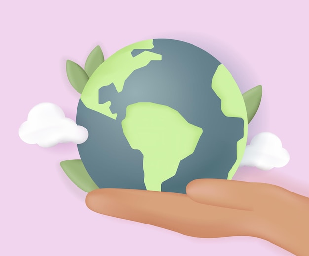 Ilustración 3d del día mundial del medio ambiente Palma sosteniendo el planeta tierra