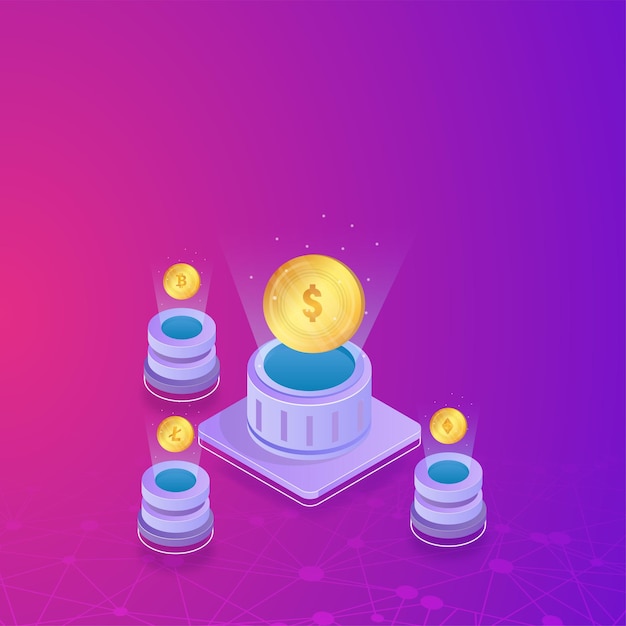 Ilustración 3D del dólar conectado con el servidor de Crypto Coins en el fondo púrpura de las líneas de conexión digital.