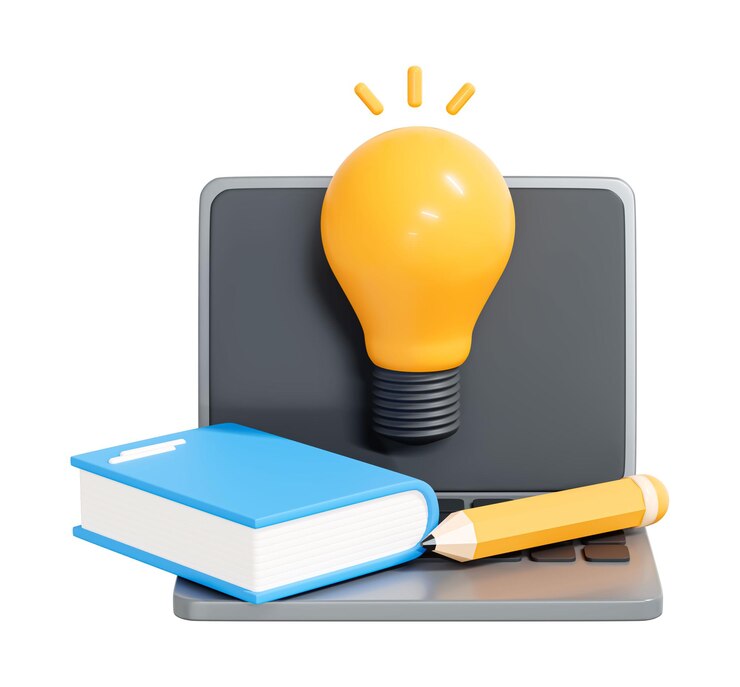 Ilustración 3D de la educación y la idea con lápiz de portátil y libro