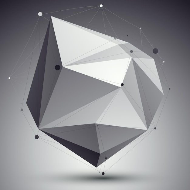 Ilustración 3D en escala de grises abstracta triangular, objeto de celosía vectorial eps8 digital colocado sobre fondo oscuro.