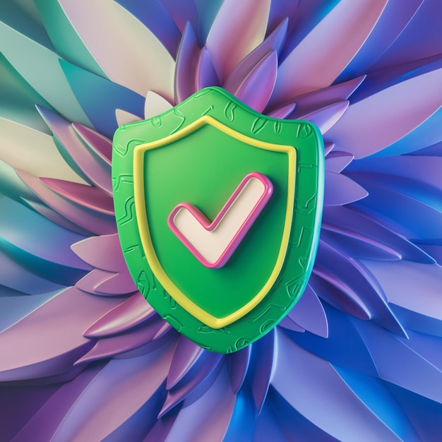 Ilustración en 3D de un escudo verde con un icono de marca de comprobación