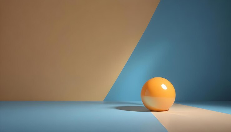 Vector ilustración 3d de una esfera naranja en una superficie azul y amarilla