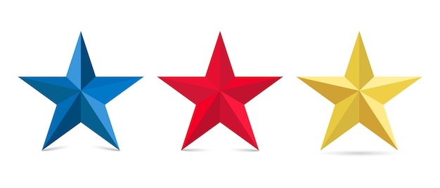 Ilustración en 3D de estrellas en oro azul rojo sobre un fondo blanco aislado
