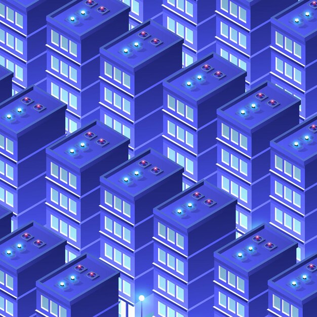 Ilustración 3D de fondo de ciudad ultravioleta azul inteligente isométrica de noche