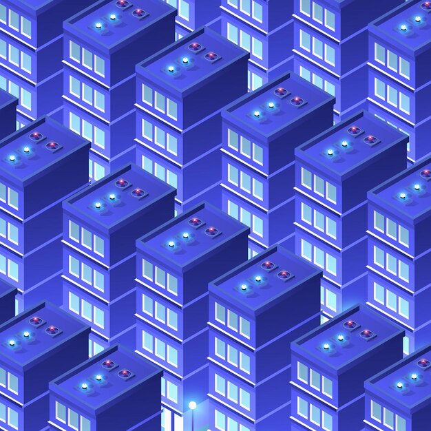 Ilustración 3d de fondo de ciudad ultravioleta azul inteligente isométrica de noche