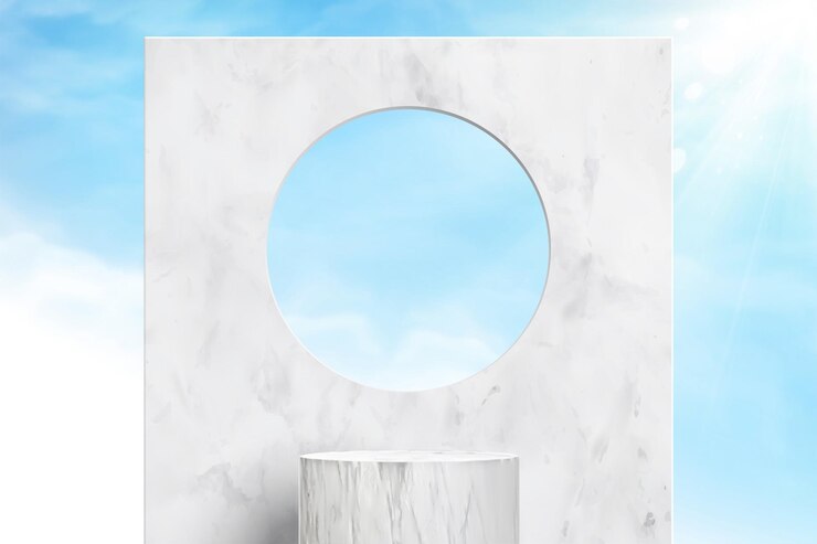 Vector ilustración 3d de fondo de mármol blanco con agujero diseño mínimo para mostrar el producto contra el fondo del cielo