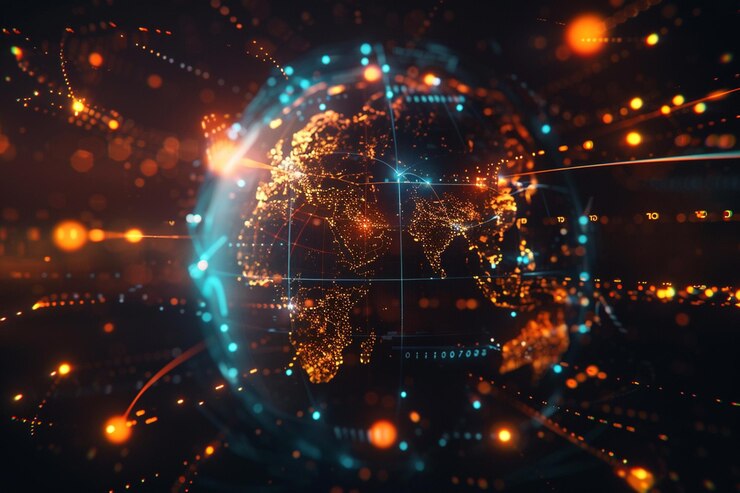Vector ilustración 3d de la forma de esfera abstracta de círculos y partículas brillantes conexión de la red global