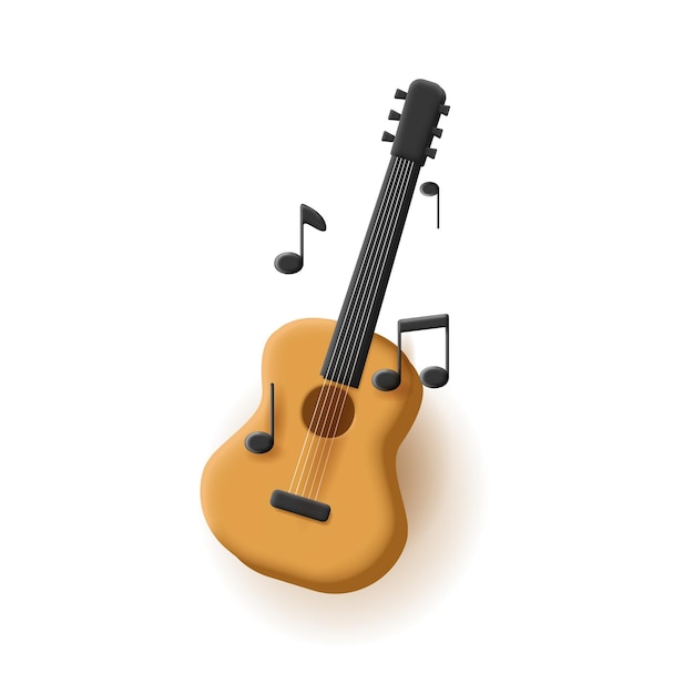 Vector ilustración 3d de guitarra con forma de volumen clásico de notas