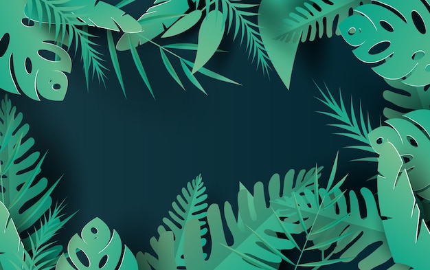 Ilustración 3D de hojas de palmeras tropicales y plantas naturales. Diseño de corte de papel y artesanía Origami estilo hawaiano espacio de verano para texto. Gráfico verde oscuro verano temporada floral background.vector. EPS10