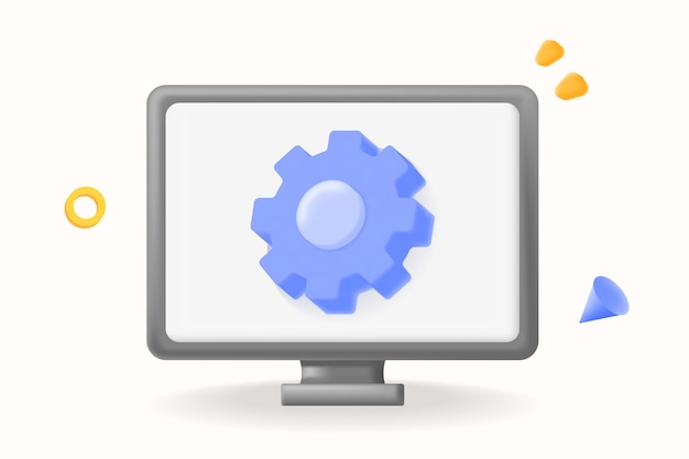 Ilustración 3D del icono del engranaje vectorial, la configuración del sistema y la configuración del software en una pantalla de computadora
