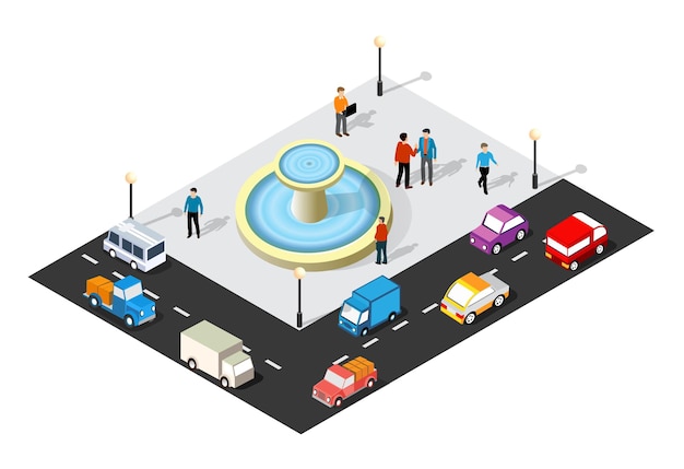 Ilustración 3D isométrica del barrio de la ciudad con calles, personas, coches.
