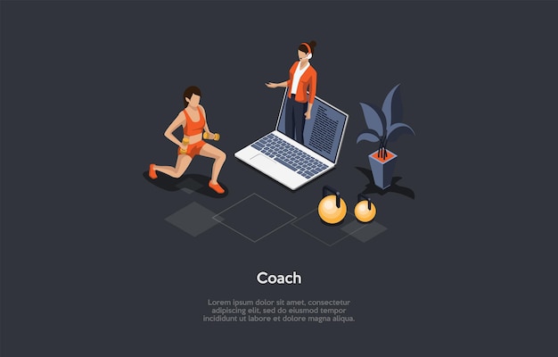 Ilustración 3D isométrica. Composición vectorial de estilo de dibujos animados en el concepto de entrenador de deporte personal en línea. Gimnasia remota, estilo de vida saludable y concepto de ejercicios de fitness. Mujer en ropa deportiva, portátil.