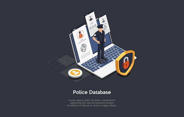 Ilustración 3D isométrica. Composición vectorial de estilo de dibujos animados sobre el concepto de base de datos de la policía electrónica. Información sobre personas, tecnología moderna. Policía en uniforme, portátil con cerradura, infografía.