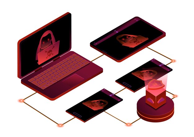 Ilustración 3D isométrica Hacker e iconos de datos con fondo blanco