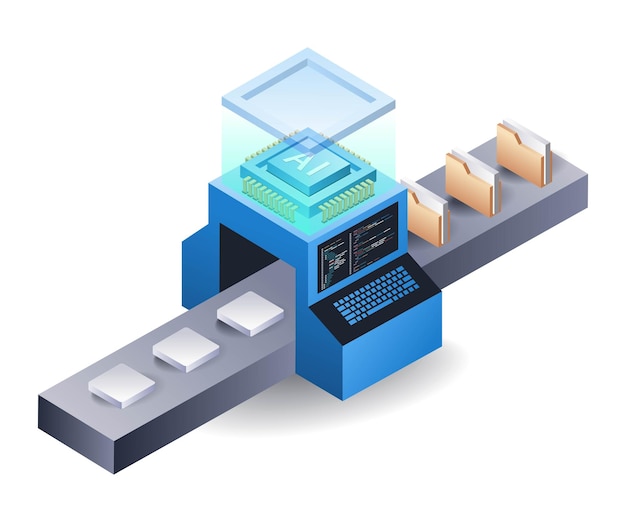 Ilustración 3D isométrica plana del concepto de procesamiento de datos de la máquina de inteligencia artificial