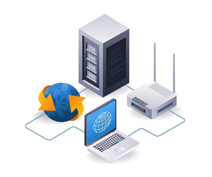 Vector ilustración 3d isométrica plana del concepto de servidor de computadora de red de internet
