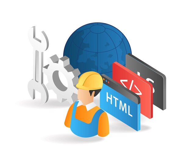 Ilustración 3d isométrica plana de un desarrollador y mantenedor de aplicaciones web