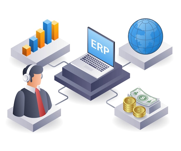 Ilustración 3D isométrica plana de gestión de la configuración de desarrollo de la empresa