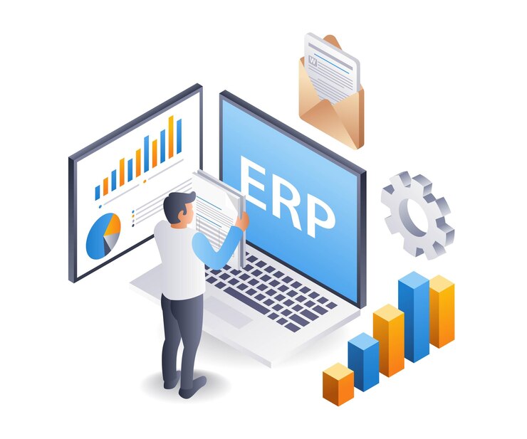 Vector ilustración 3d isométrica plana de gestión empresarial de erp
