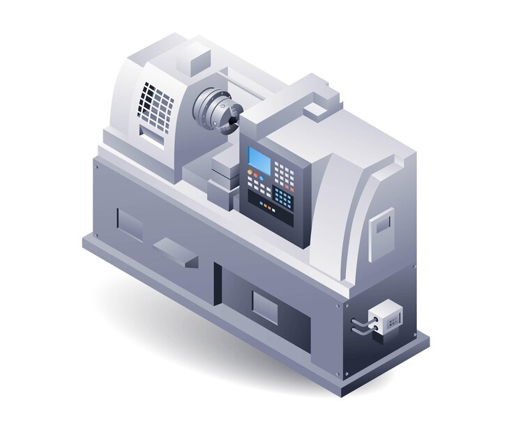 Vector ilustración 3d isométrica plana de la máquina de torno automática con cnc