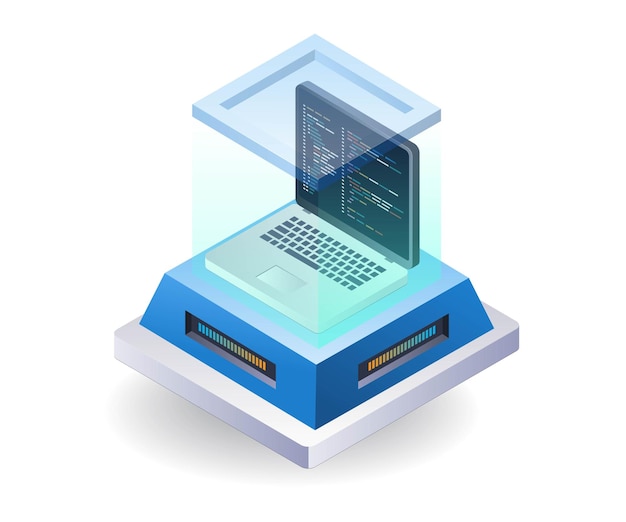 Ilustración 3D isométrica plana de la sala de programador de aplicaciones informáticas del desarrollador