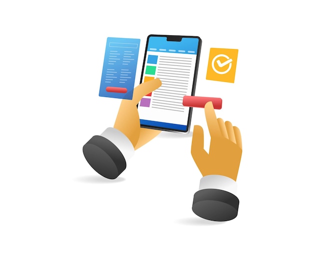 Ilustración 3d isométrica plana del uso de una aplicación de teléfono inteligente para registrarse