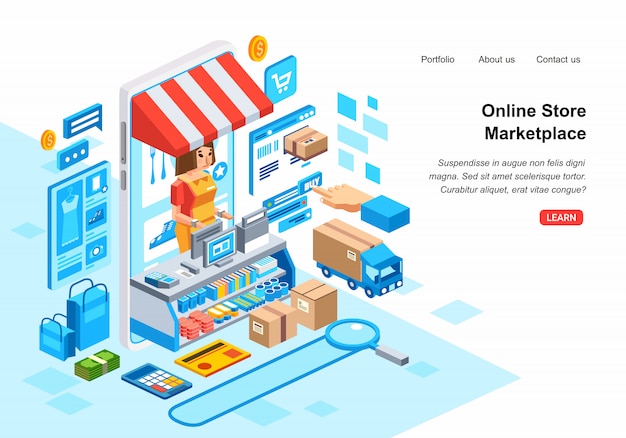Ilustración 3D isométrica del sistema de compras en línea en el mercado con teléfono inteligente, administrador, tarjeta de crédito, mensajería y stock de ilustración vectorial