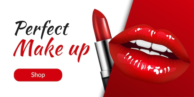 Vector ilustración 3d de labios realistas con un lápiz labial rojo brillante para publicidad de salón de belleza