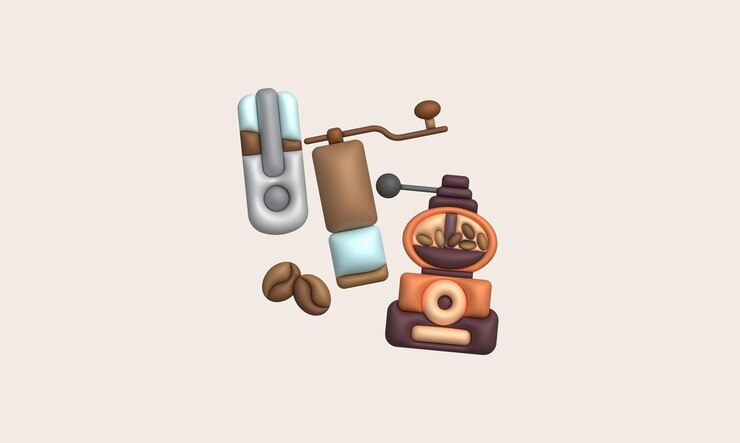Vector ilustración 3d molinillos de café portátiles y molinillos de cafe manual concepto de cafetería