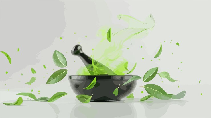 Vector ilustración 3d de mortero y pestillo con hojas verdes