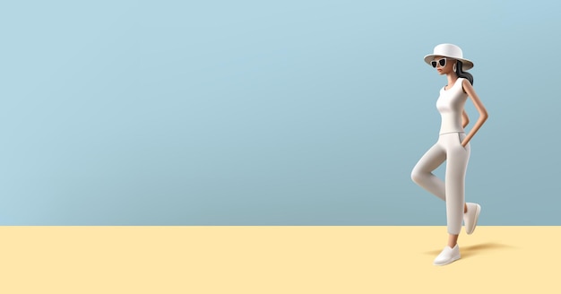 Ilustración 3D de una mujer joven con sombrero y gafas de sol glamour posando con ropa deportiva personaje avatar