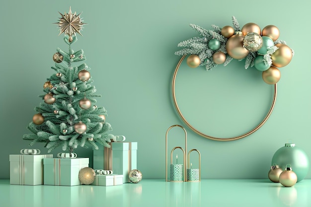 Ilustración 3D de Navidad con cajas de regalos y árbol de Navidad