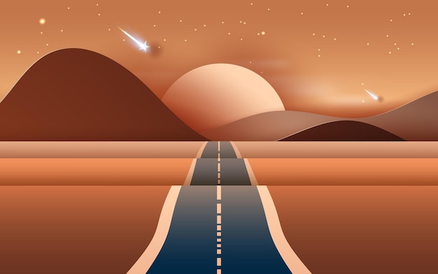 Ilustración 3d del paisaje con camino a las montañas a través de un desierto seco. lluvia de estrellas a la hora de la tarde. diseño creativo corte de papel y artesanía tallando la duna de arena del espectáculo de verano caliente. vector. eps10