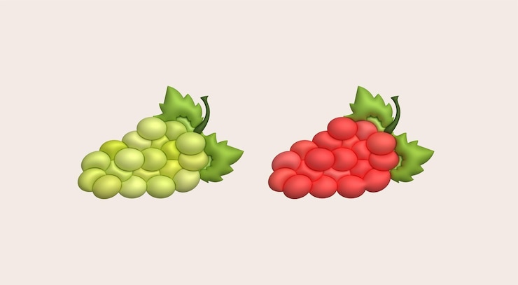 Vector ilustración 3d racimo de uvas y hojas de parra estilo minimalista