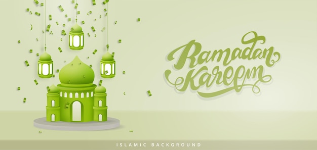 Ilustración 3d realista Fondo de Ramadán Kareem con mezquita y linternas