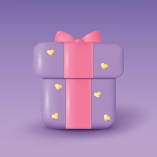 Vector ilustración 3d de un regalo en una tendencia de fondo púrpura con corazones para el día de san valentín