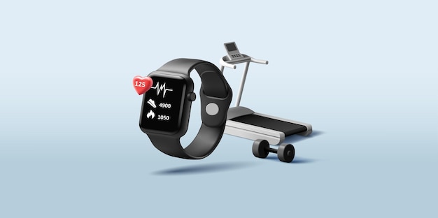 Ilustración 3D de un reloj inteligente con cinta de correr y pantalla de mancuernas con aplicación de frecuencia cardíaca